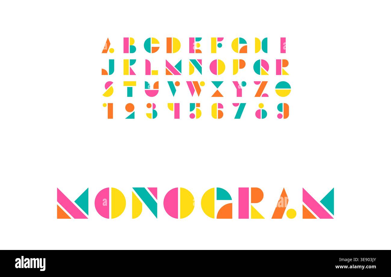 Lettres et chiffres Bauhaus brillants dans les couleurs primaires avec illustration vectorielle de composition monogramme minimale Illustration de Vecteur