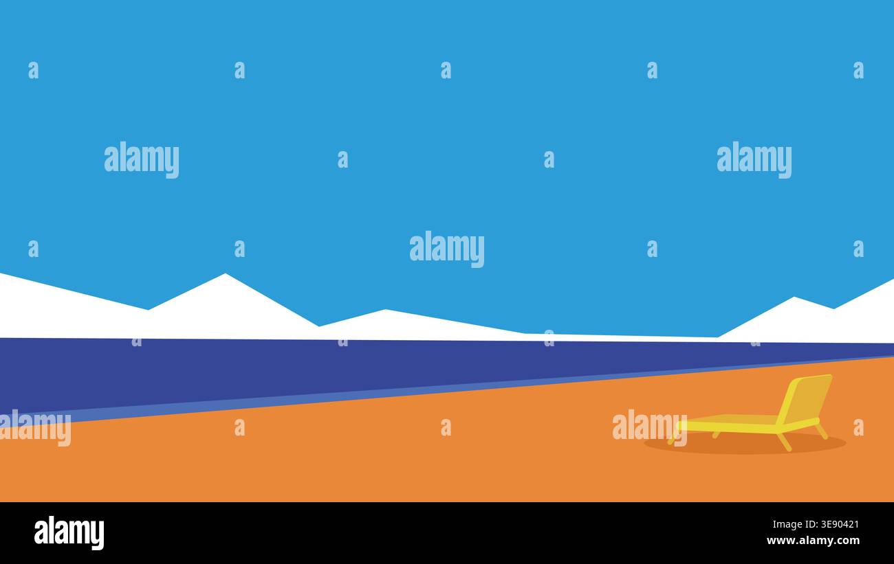 Illustration plate minimaliste d'un paysage de plage ensoleillé avec une chaise longue jaune unique, un océan bleu profond et des falaises triangulaires blanches lointaines. Illustration de Vecteur