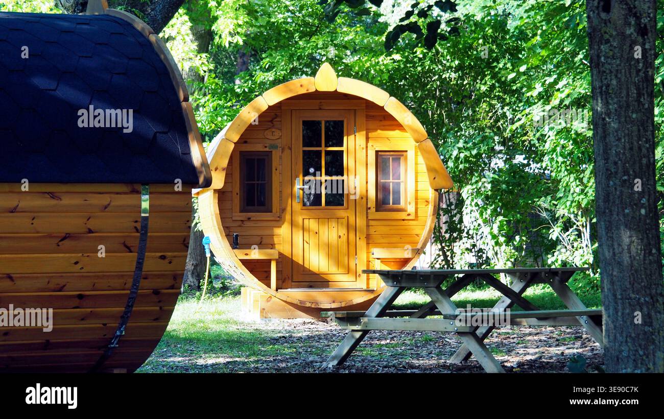 Gousses de glamping en bois en forme de tonneau dans un camping forestier verdoyant, Allemagne. Banque D'Images