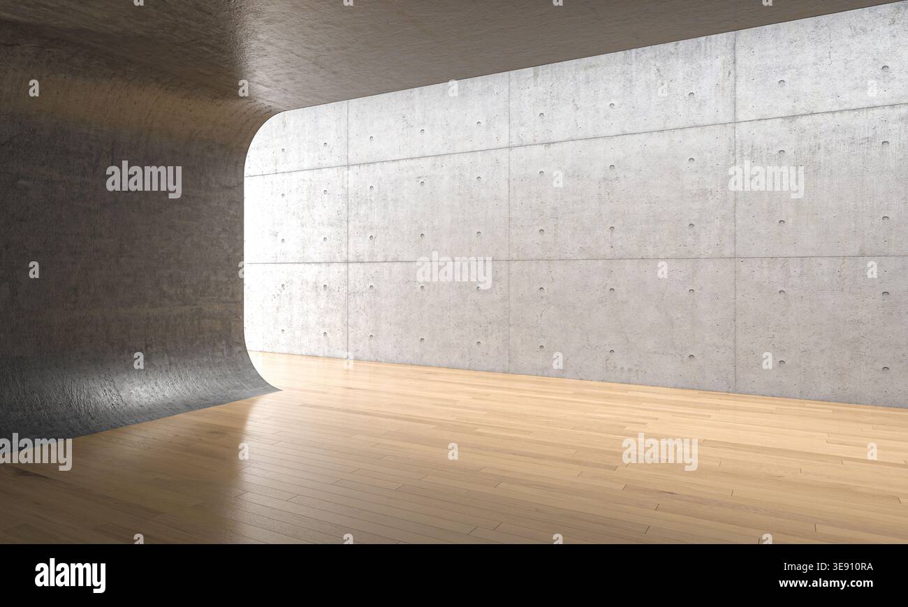 3d salle en béton moderne vide avec plancher en bois Banque D'Images