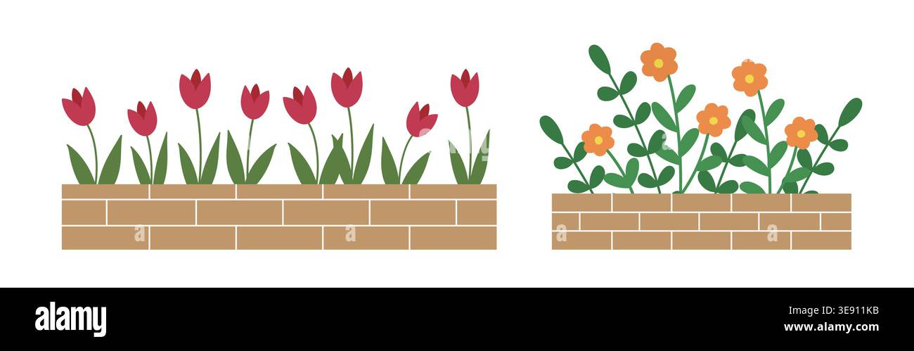 Lit de fleurs simple avec ensemble clipart vecteur de mur de briques. Bordure de jardin de fleurs de printemps. Illustration de Vecteur