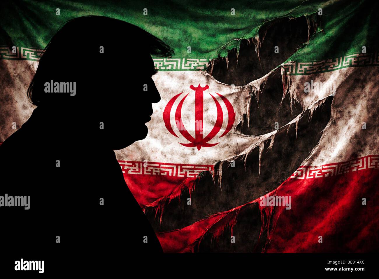 Profil silhouette du président américain Donald Trump à gauche contre un drapeau iranien déchiré et en détresse, symbolisant la division politique Banque D'Images