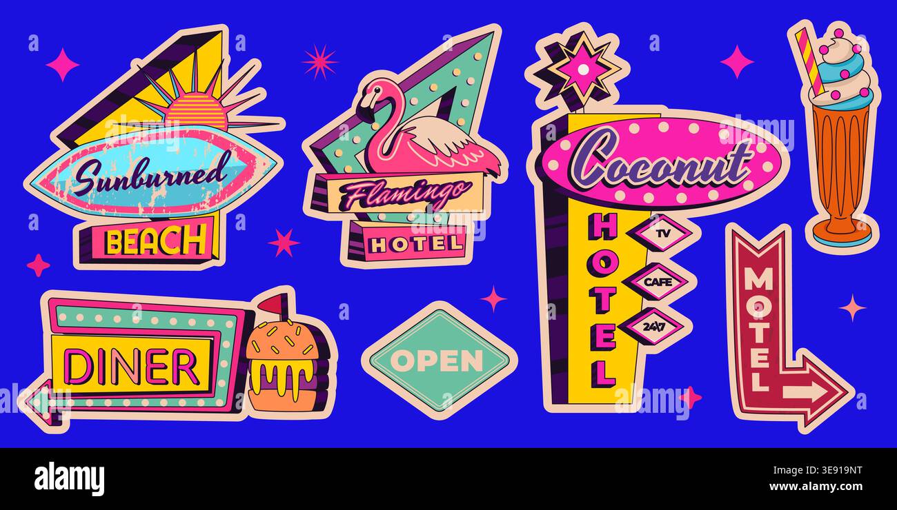 Bar au néon vintage et enseignes de motel avec flèches rétro et lumières brillantes. Illustration de dessin animé vectoriel de l'ensemble de signalisation routière américaine classique, hôtel de plage nostalgique vibrant, collection de panneaux de signalisation diner Illustration de Vecteur