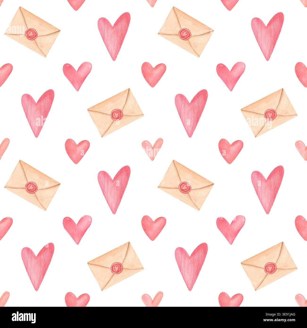 Aquarelle valentine motif sans couture avec des coeurs et des enveloppes. Fond romantique mignon dessiné à la main pour les cartes, papier d'emballage Banque D'Images