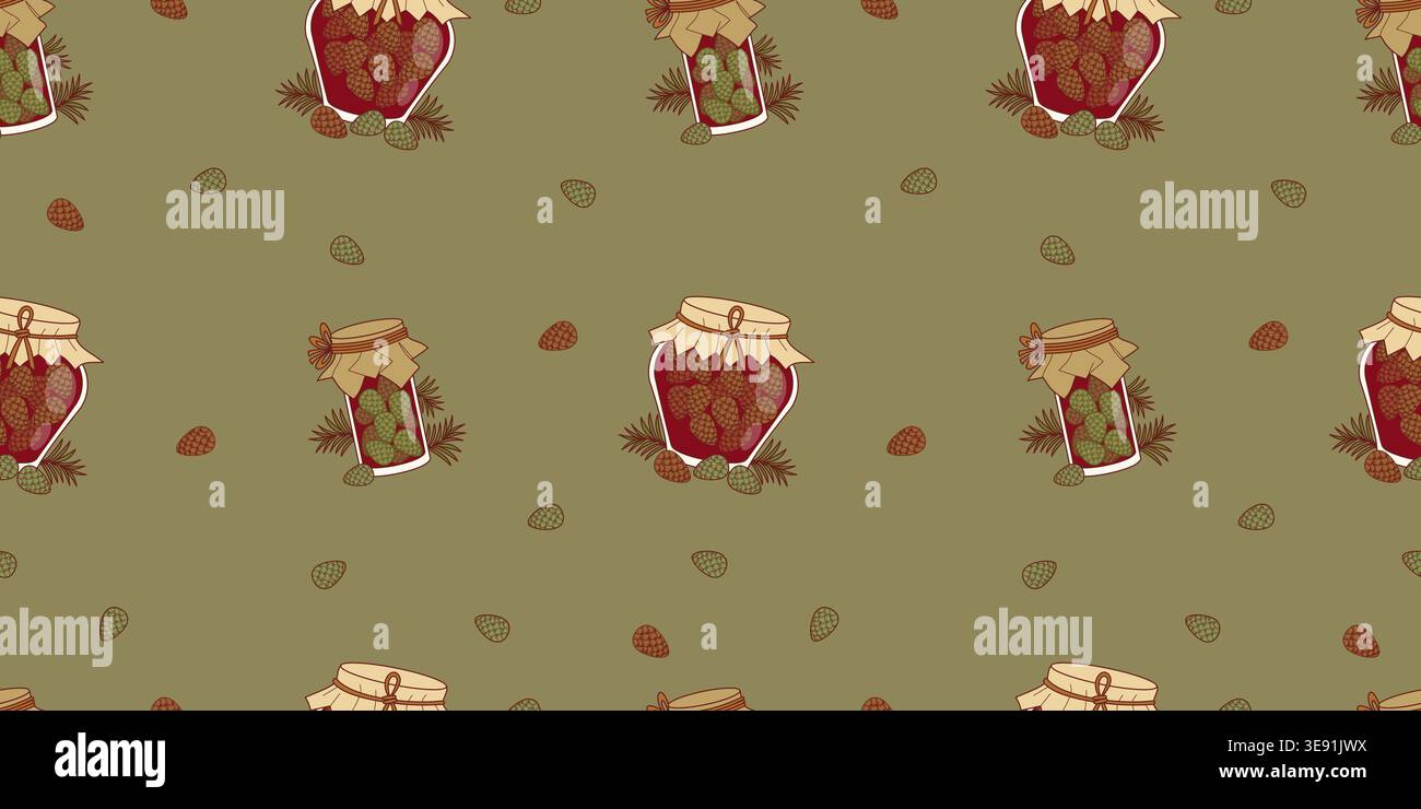 Motif sans couture de bourrage de cône de pin. Verre rustique maison de Ruby Red Mugolio et pots de sirop d'or avec des cônes de bébé et des branches sur fond vert olive Illustration de Vecteur