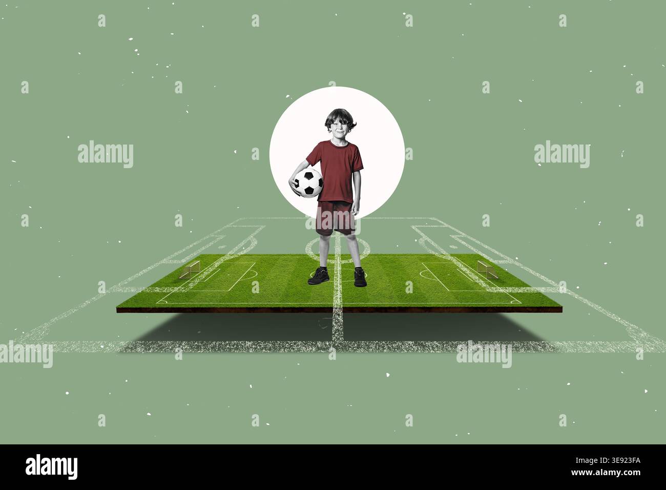 Terrain de football 3D et un joueur de football pour enfant prêt pour la formation sur fond libre d'en haut - fond de texture Banque D'Images