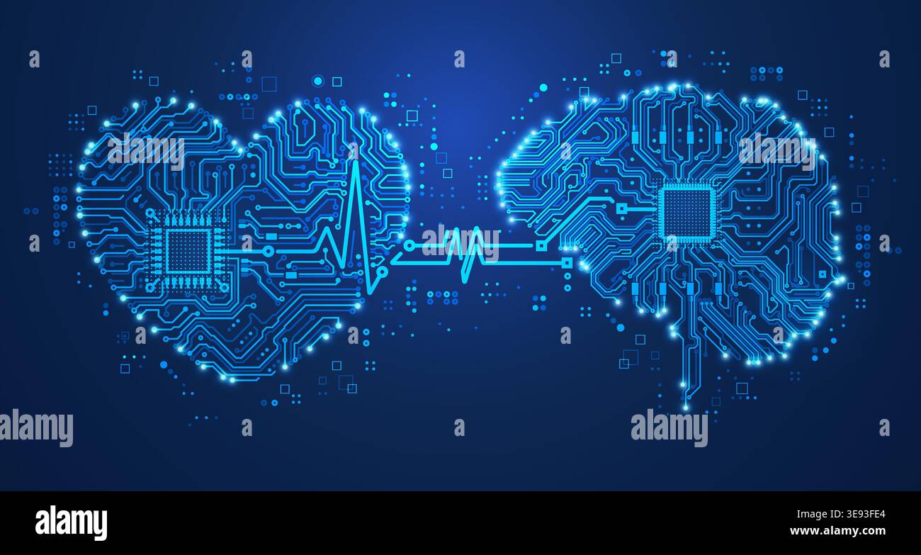 concept de connexion entre l’esprit et l’interllect ou apprentissage profond, graphique du cyber cœur et du cerveau avec élément futuriste Illustration de Vecteur