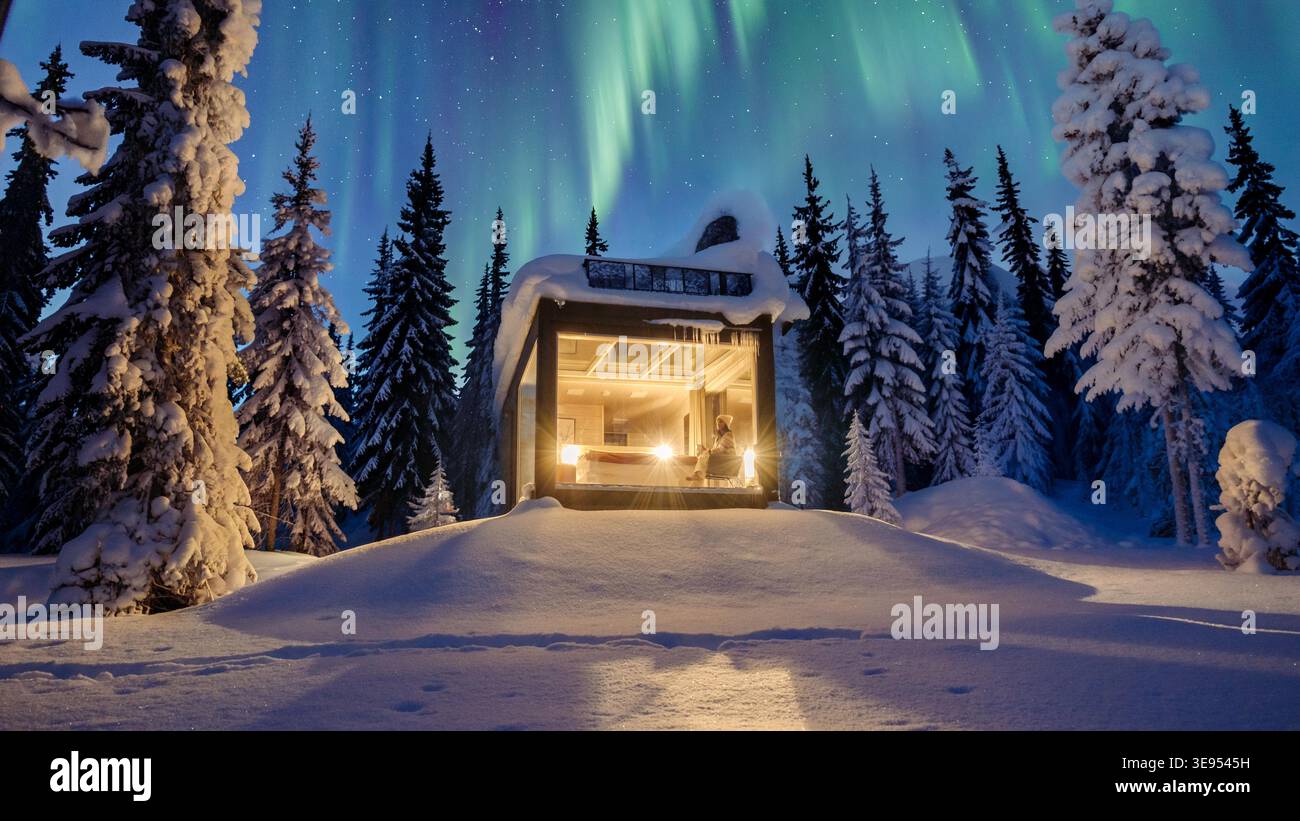 Nichée dans le paysage enneigé serein d'Akaslompolo, une cabane moderne brille chaleureusement sur fond de grands arbres givrés sous un ciel étoilé. Une retraite hivernale parfaite. Banque D'Images