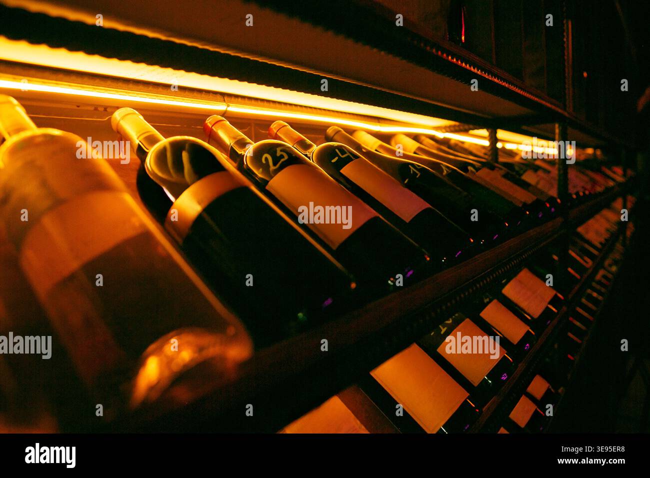 Étagère à vin spectaculaire sous une lumière chaude Banque D'Images