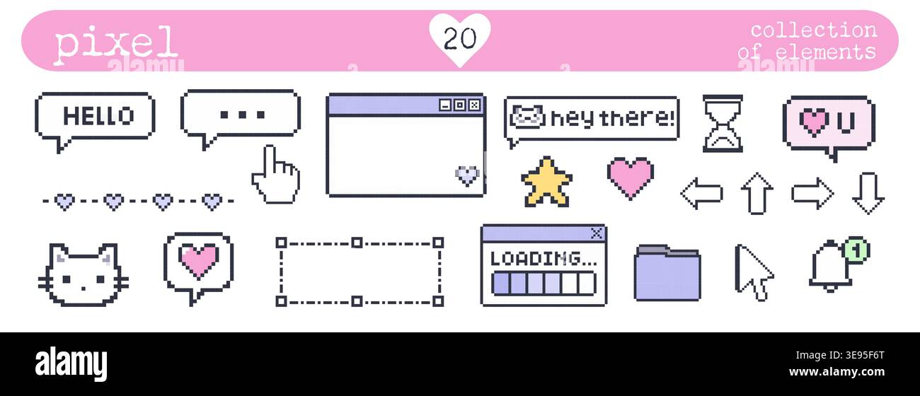 Graphiques d'interface de style pixel assortis, y compris icônes de messagerie, boutons curseurs et symboles décoratifs pour une utilisation de conception numérique Illustration de Vecteur