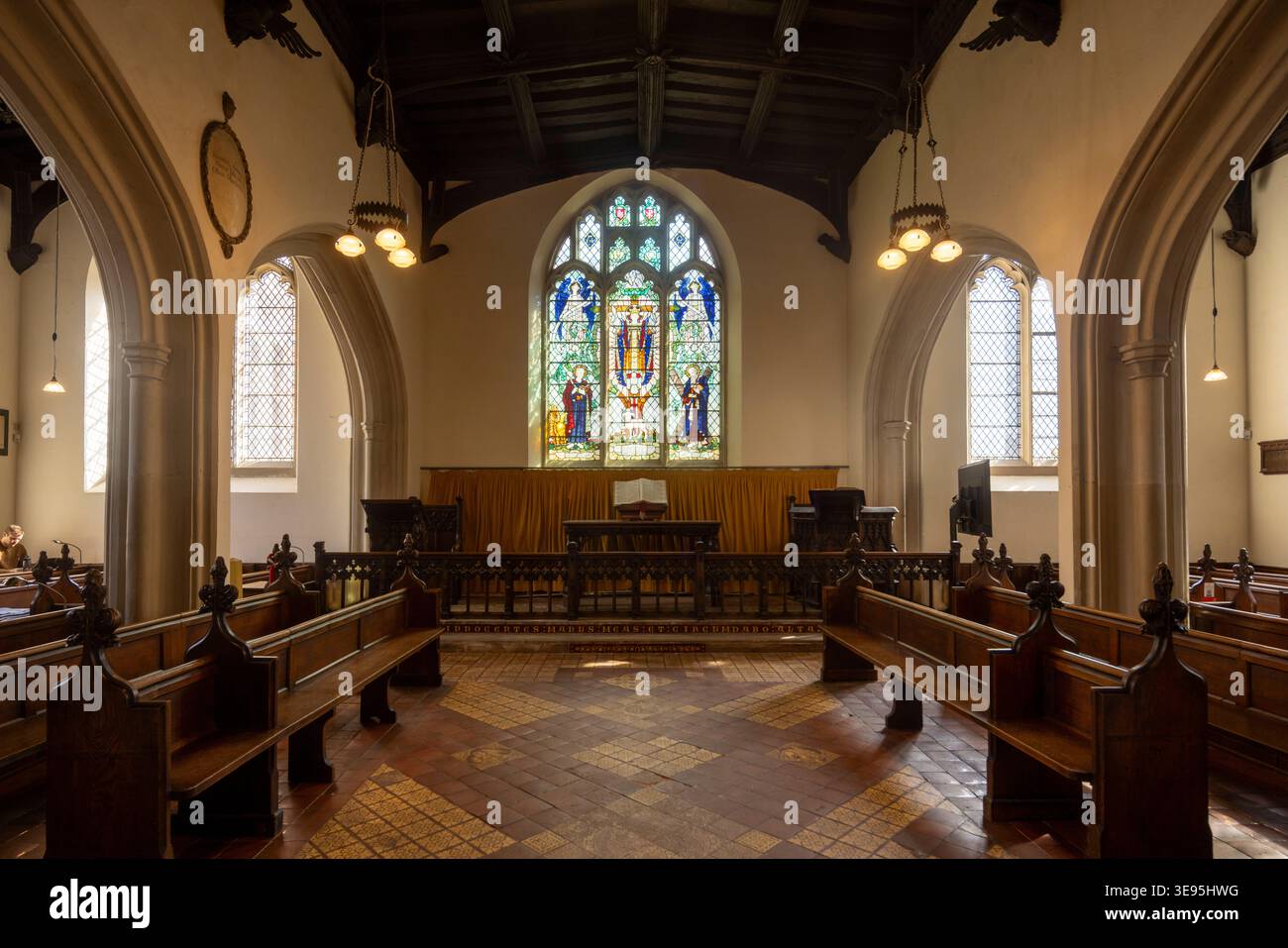 Nef et autel, l'église du Saint-Sépulcre ou église ronde, Cambridge, Angleterre, Royaume-Uni Banque D'Images