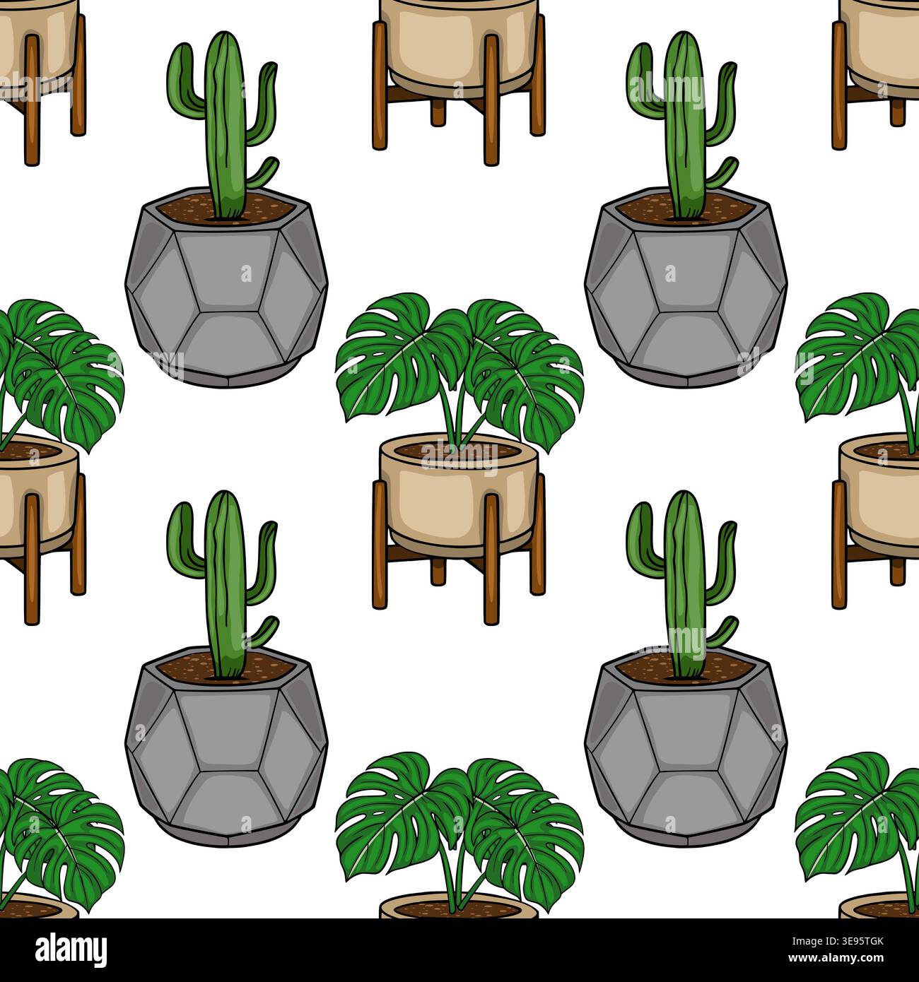 Modèle vectoriel sans couture de cactus en pot et de plantes monstera dans des jardinières géométriques Illustration de Vecteur