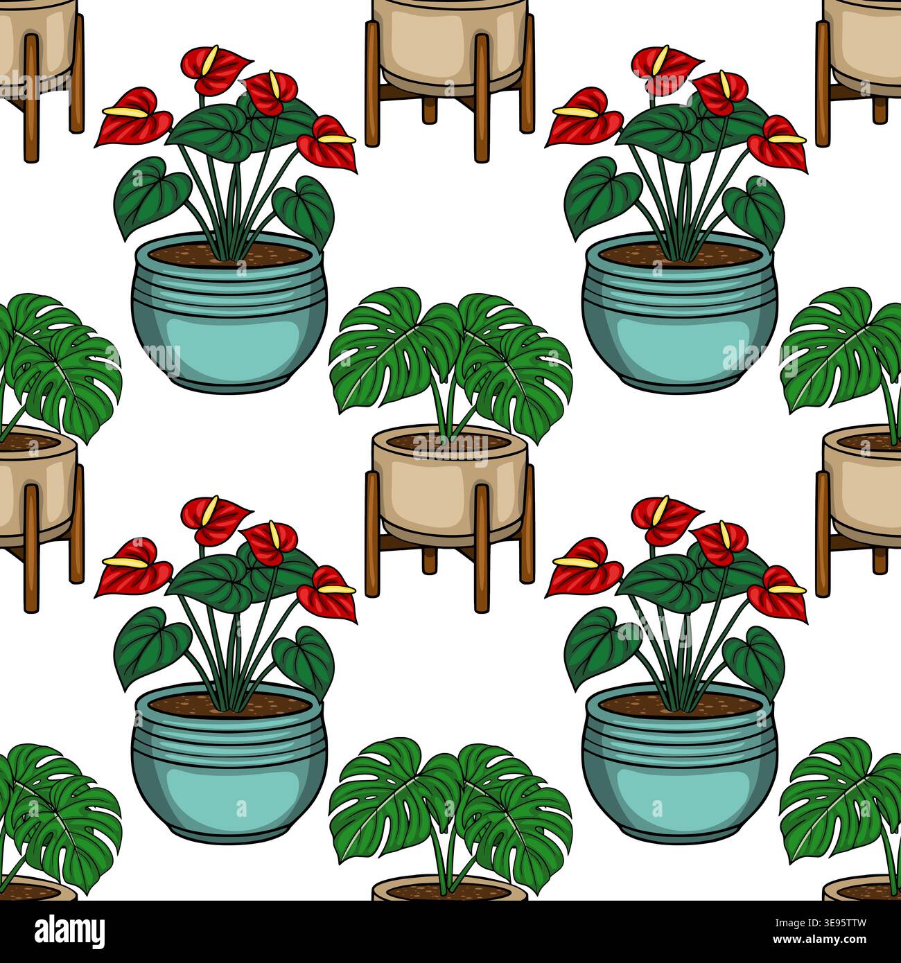 Motif vectoriel sans couture de plantes anthurium et monstera en pot avec des fleurs rouges vibrantes et des feuilles vertes luxuriantes. Illustration de Vecteur