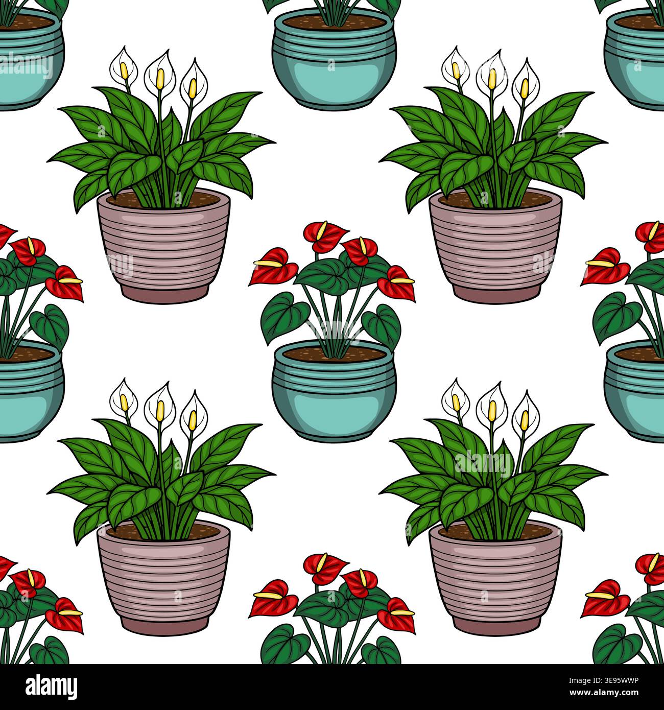 Motif vectoriel sans couture de plantes en pot Anthurium et Spathiphyllum avec des feuilles vertes vibrantes et des fleurs colorées. Illustration de Vecteur