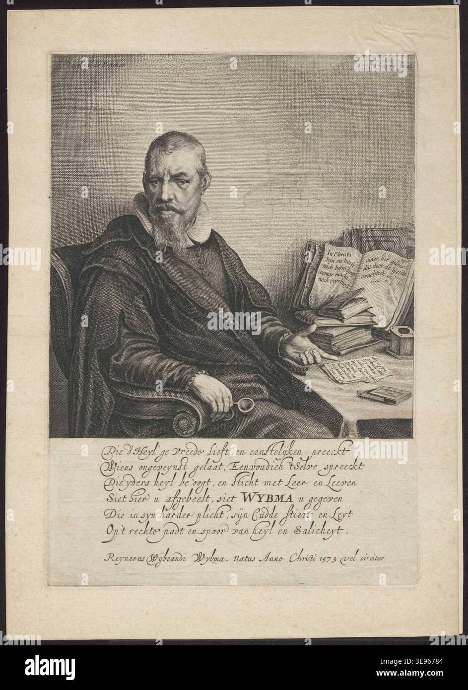 Reinier WyBrands Wybma est un personnage historique représenté dans un portrait gravé par Salomon Savery et illustré par Jacob Adriaensz Backer. L'image d'archives enregistre la gravure et les détails illustratifs du portrait. Banque D'Images