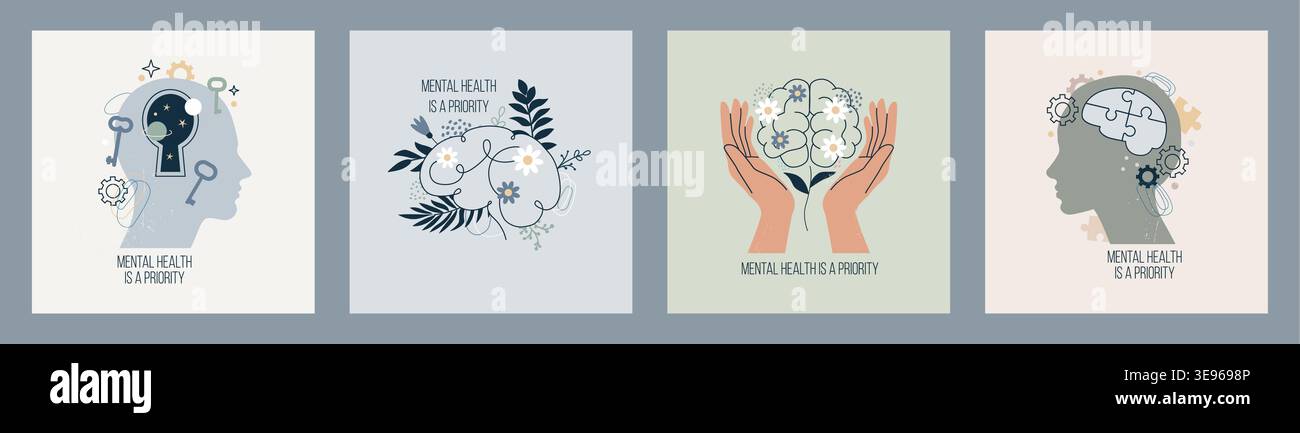 Journée de sensibilisation à la santé mentale. Logo World Hope. La thérapeutique médicale. Concept de support pour troubles mentaux. Stress émotionnel global des gens. Soins cérébraux de la tête humaine. Priorité au bien-être. Jeu de cartes psychologiques vectorielles Illustration de Vecteur