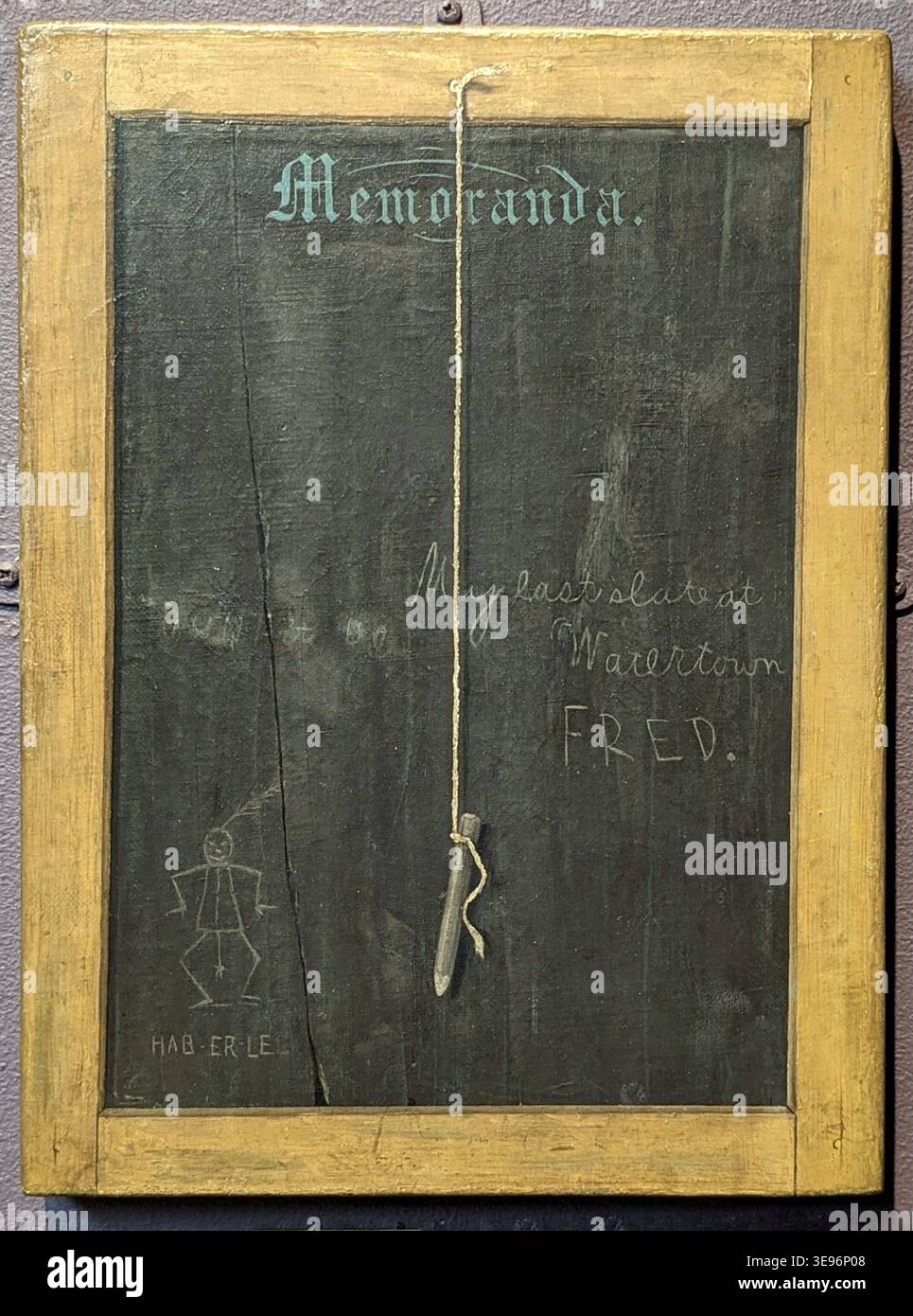 John Haberle (1856–1933) est un peintre américain de trompe-l'œil. Cette image d'archives présente son œuvre de 1895, 'The Slate - Memoranda', un exemple remarquable de sa technique, exposée au de Young Museum de San Francisco, démontrant sa maîtrise de la peinture illusionniste. Banque D'Images