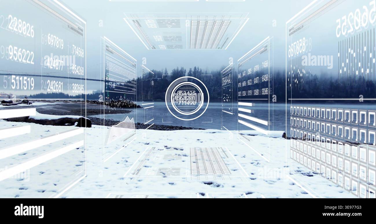 Superposition AR HUD montrant des panneaux, réticule numérique au-dessus du rivage de neige avec des rochers, arbres de lac calmes Banque D'Images