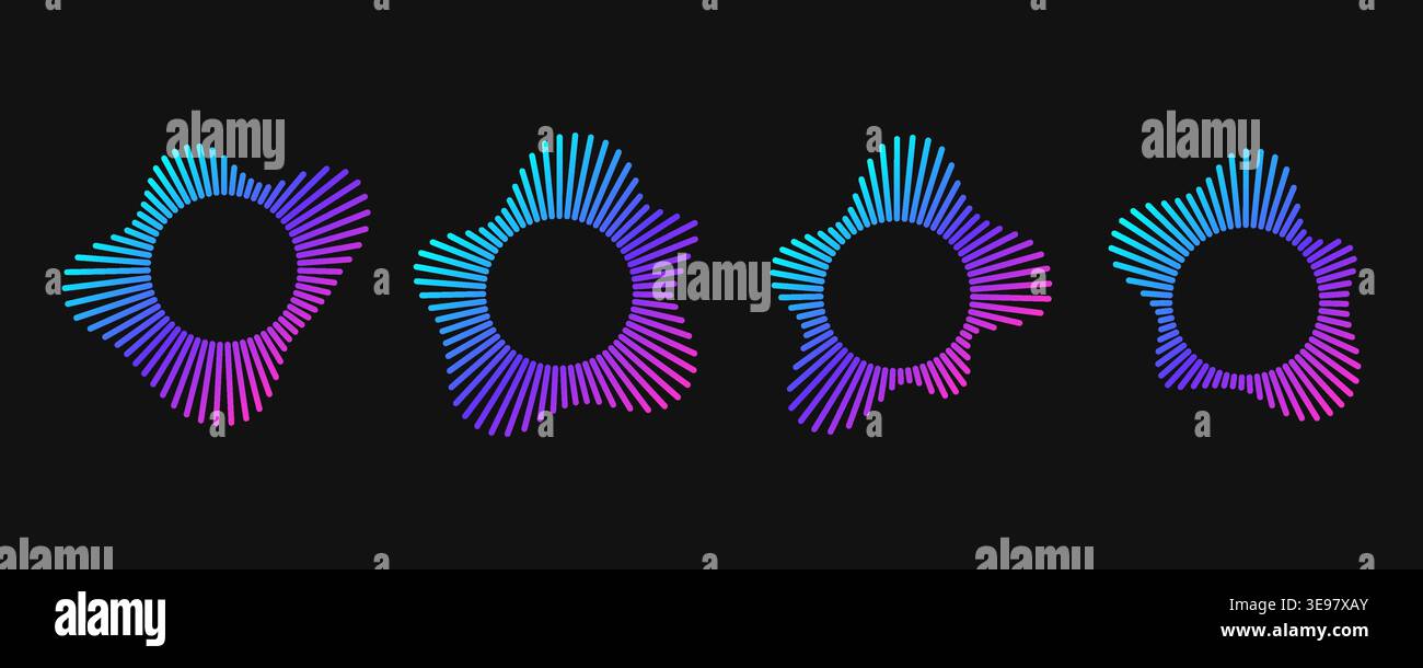 Icônes d'onde sonore circulaires avec éclats radiaux de gradient de néon en cyan, bleu et rose sur foncé. Illustration de Vecteur