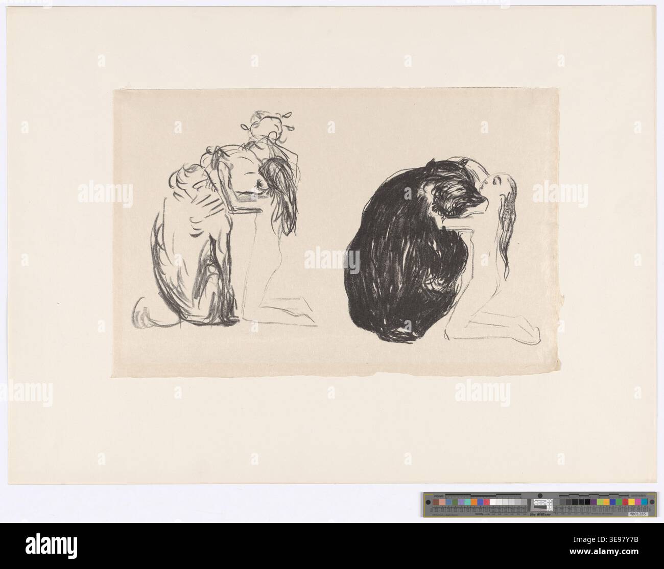 Edvard Munch (1863-1944) est un peintre et graveur norvégien dont les œuvres sont reconnues pour aborder des thèmes psychologiques profonds. Ce tirage d’archives de la collection Munchmuseet met en valeur l’une des œuvres graphiques de Munch, axée sur les thèmes de la détresse émotionnelle et de la peur. La reproduction met l’accent sur l’expression de la vulnérabilité humaine et de la tension psychologique de l’artiste. Banque D'Images