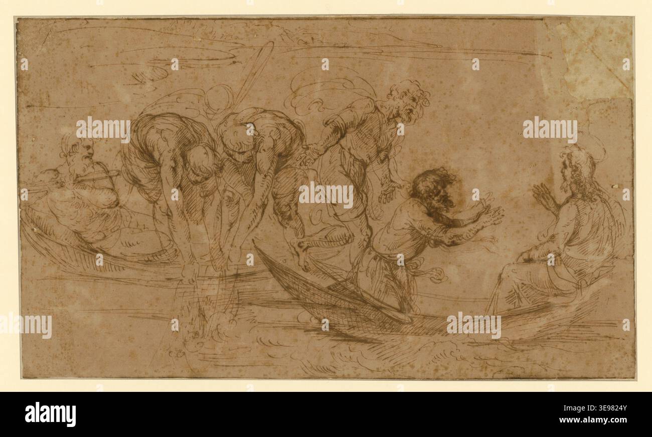 Raphaël (1483-1520), l'un des principaux artistes de la Renaissance italienne, est connu pour ses peintures et fresques magistrales. *Der wunderbare Fischzug* (The Wonderful Catch of Fish) est une invention de la sienne, représentant un mélange de créativité artistique et de thèmes classiques. Banque D'Images