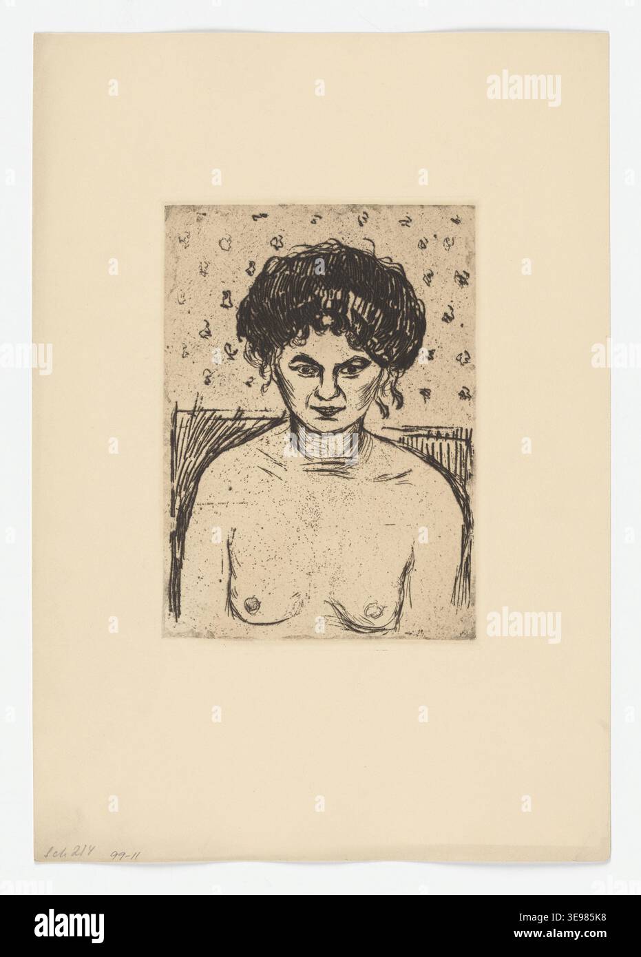 Edvard Munch (1863-1944) est une figure centrale de l'art moderne, particulièrement connue pour son influence sur l'expressionnisme. Ce tirage photographique d'archives, qui fait partie de la collection Munchmuseet, présente l'une des œuvres graphiques de Munch, mettant l'accent sur la peur humaine et l'impact émotionnel de la détresse psychologique. Banque D'Images