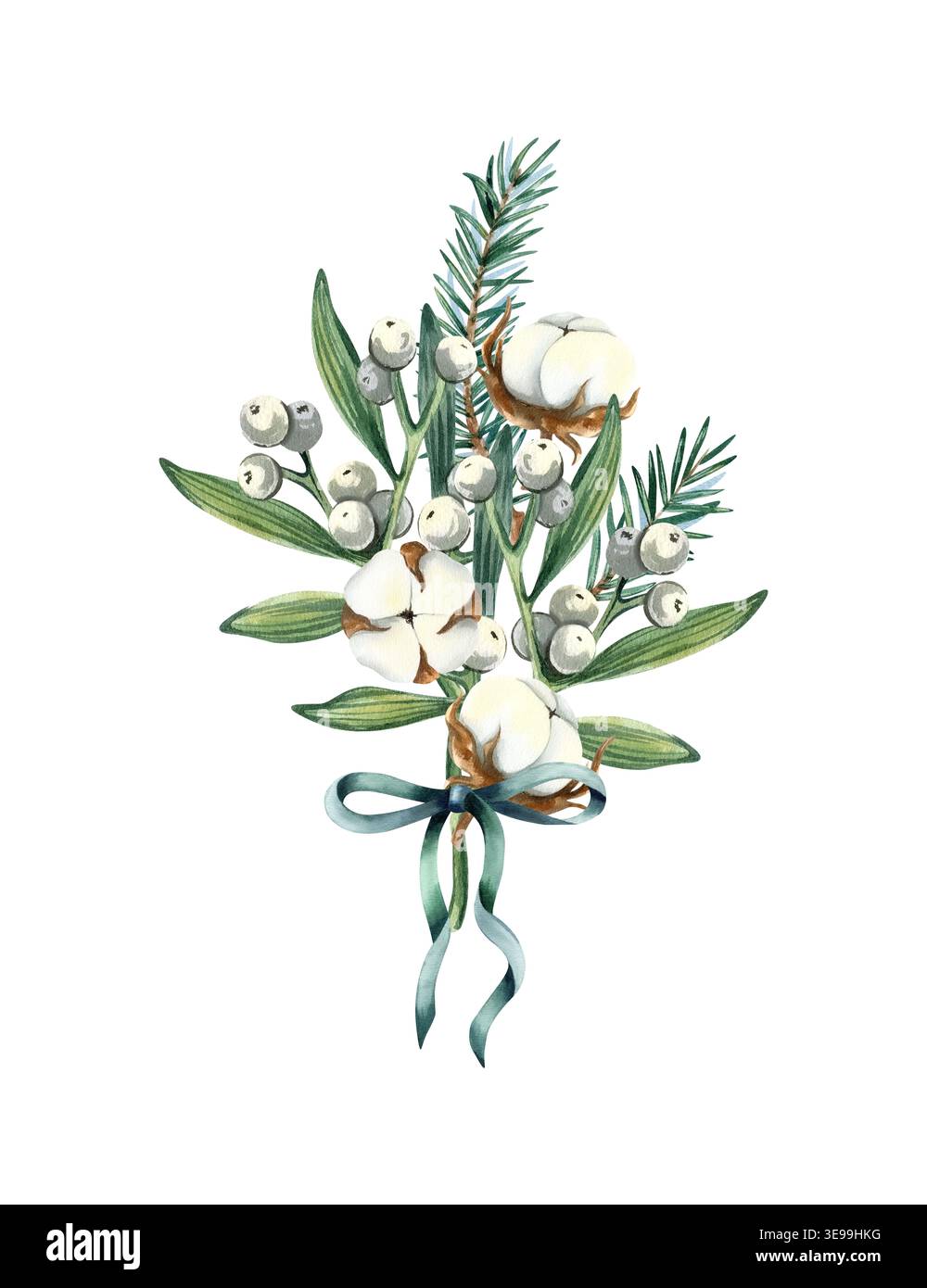 Gui, branche d'épinette, coton noué avec une composition d'arc vert. Arrangement d'icône de houx de Noël. Bouquet d'hiver festif traditionnel avec blanc Banque D'Images