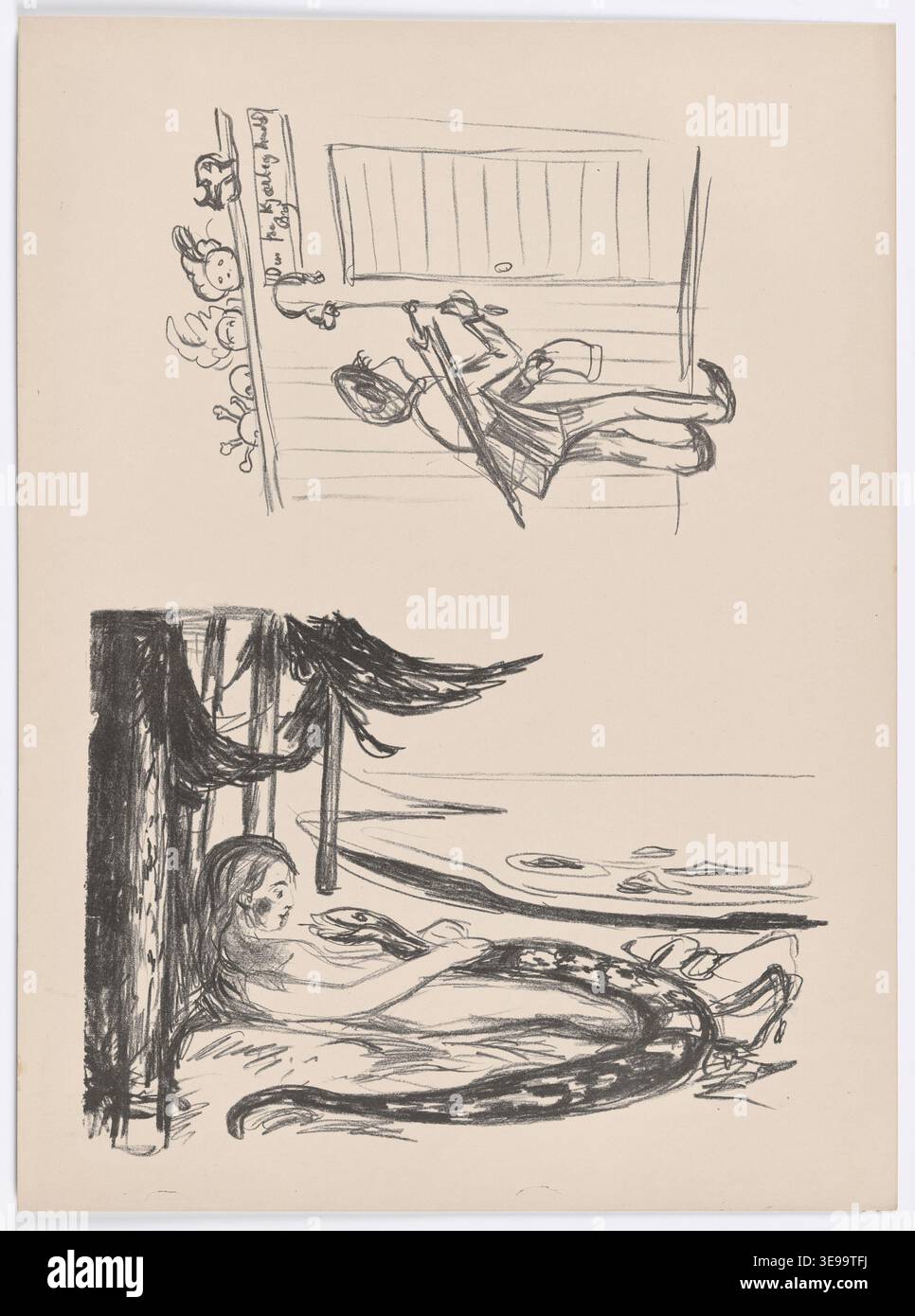 Edvard Munch (1863-1944) est un artiste norvégien, célèbre pour son travail de pionnier dans l'expressionnisme. Cette image d’archive met en valeur une estampe de sa série graphique, représentant l’agitation émotionnelle et l’isolement, des thèmes centraux de la vision artistique de Munch. La pièce est conservée dans la collection Munchmuseet, soulignant la maîtrise de Munch dans la capture des états psychologiques humains. Banque D'Images