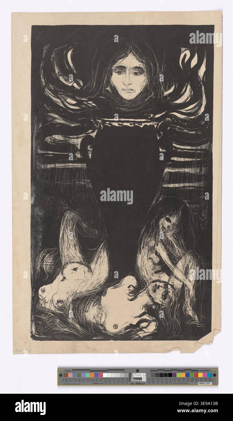 Cette œuvre graphique d'Edvard Munch (1863-1944), conservée au Munchmuseet, illustre l'intérêt porté par Munch à l'émotion humaine et à l'anxiété existentielle. Créée au début du XXe siècle, cette œuvre explore les thèmes de la peur et des troubles psychologiques à travers le style expressionniste signature de Munch. Banque D'Images