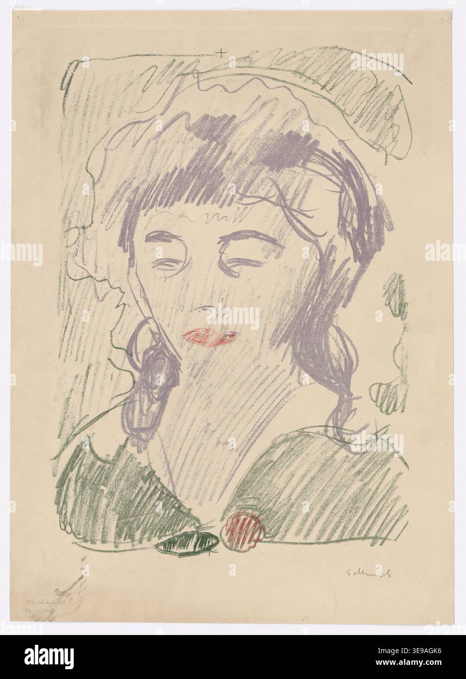 Edvard Munch (1863-1944) est un peintre et graveur norvégien, renommé pour ses œuvres expressionnistes qui explorent les thèmes de l'anxiété et de la peur existentielle. Cette image d'archive fait partie de la collection Munchmuseet et met en valeur l'influence de Munch sur les arts graphiques modernes Banque D'Images