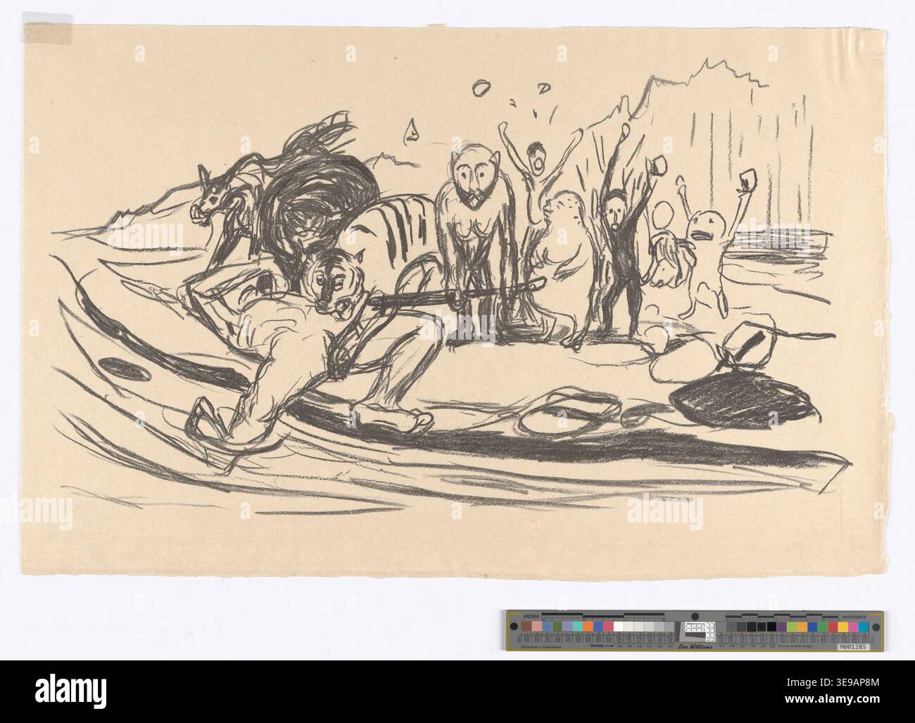 Edvard Munch (1863-1944) est un artiste norvégien qui a révolutionné l'art moderne avec ses œuvres chargées d'émotions. Ce tirage d'archives du Musée Munch fait partie d'une série qui illustre l'exploration intense de Munch sur des thèmes comme l'anxiété, l'amour et la mort. L'image est révélatrice de l'utilisation signature par Munch de couleurs vives et de formes dynamiques dans ses techniques d'impression. Banque D'Images