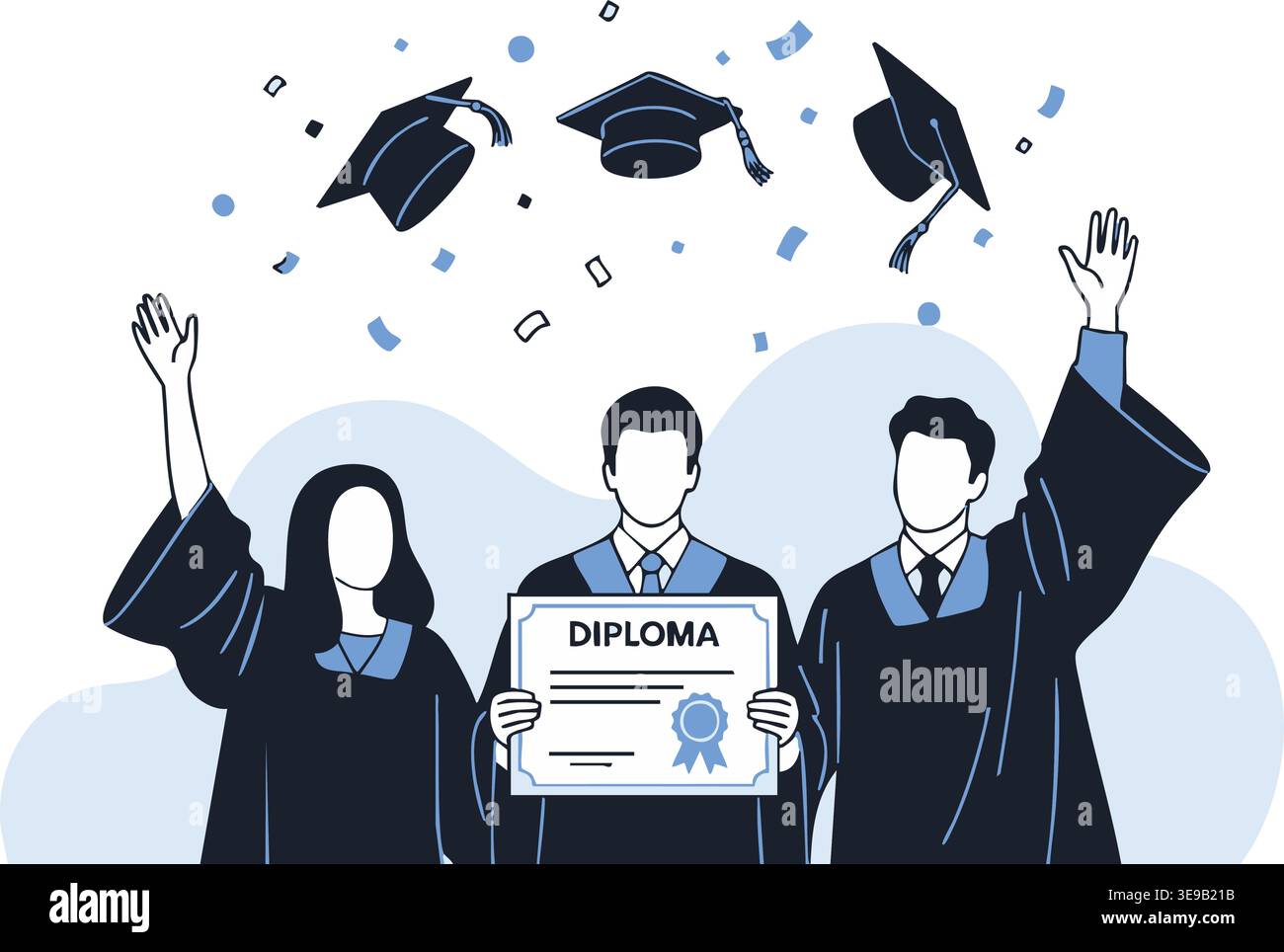 Heureux étudiants en robes célèbrent l'obtention du diplôme en jetant des casquettes en l'air tout en détenant un diplôme dans cette illustration vectorielle plate moderne. Illustration de Vecteur