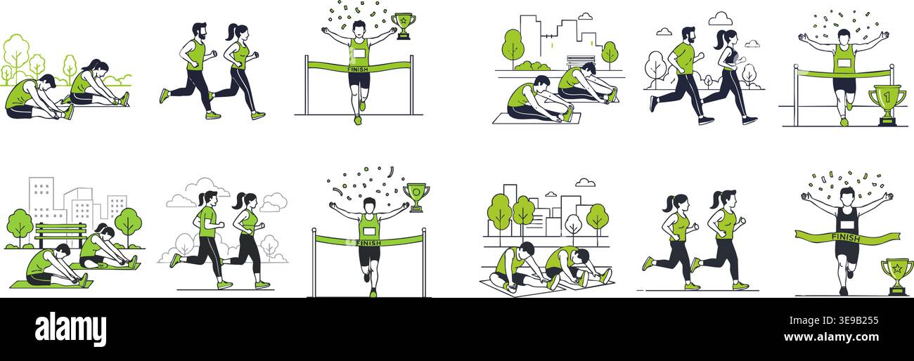 Illustration vectorielle montrant des personnes qui s'entraînent, s'étirent, courent un marathon et célèbrent le succès à la ligne d'arrivée avec un trophée. Illustration de Vecteur