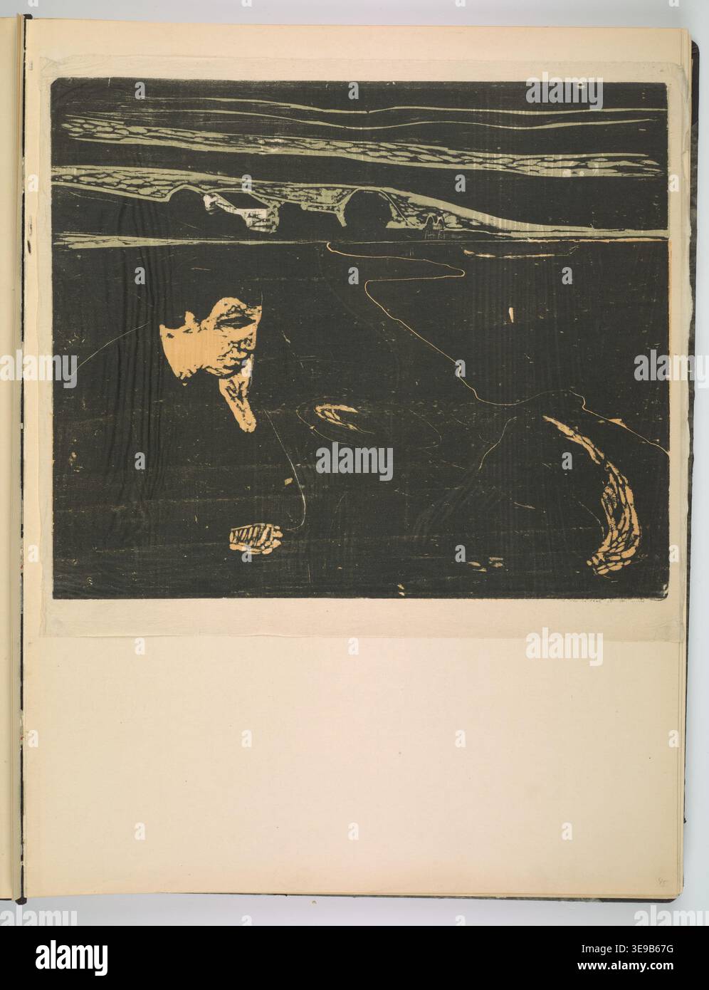Edvard Munch (1863-1944) est un artiste norvégien dont les œuvres ont eu une profonde influence sur le mouvement expressionniste. Cette photographie d'archives représente l'une des gravures graphiques de Munch, qui fait partie de la collection Munchmuseet. L’épreuve examine les thèmes de la peur, de l’aliénation et de la fragilité de la psyché humaine, tous au cœur de l’œuvre de Munch. Banque D'Images