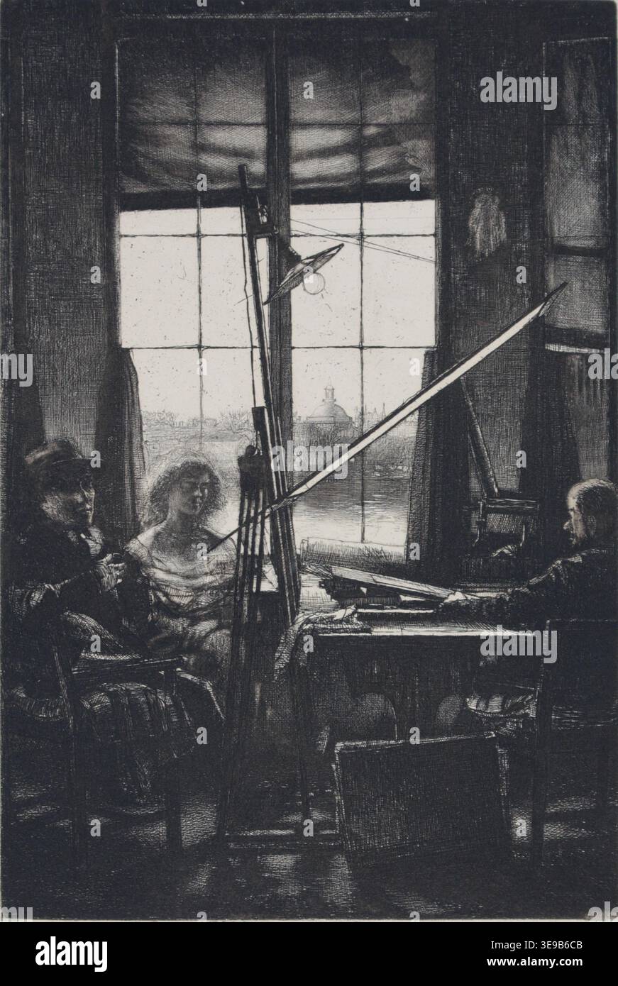Axel Fridell (1894-1935) est un artiste suédois connu pour ses gravures et lithographies. Cette gravure de 1932 met en scène trois individus assis à un bureau dans un atelier, avec une fenêtre en arrière-plan offrant une vue sur une ville et un fleuve. L'image d'archives documente le style caractéristique de Fridell de travail de figures détaillées et de scènes atmosphériques. Banque D'Images