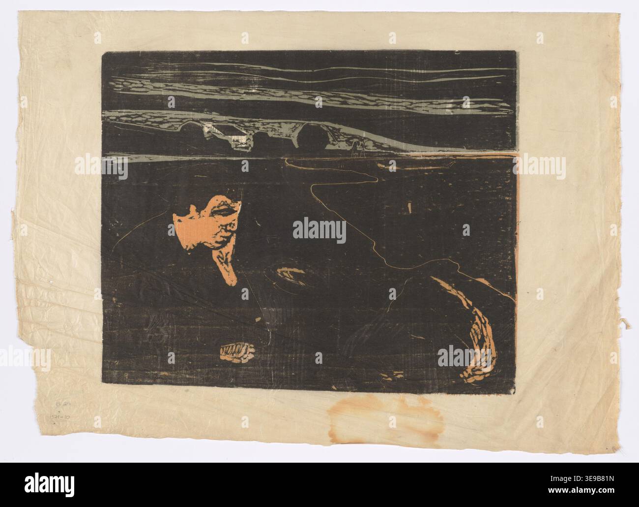 Edvard Munch (1863-1944) est un artiste norvégien, renommé pour sa contribution à l'expressionnisme moderne. Cette reproduction d'archives capture une de ses œuvres graphiques, conservée dans la collection Munchmuseet. L’impression traduit l’exploration de Munch de la profondeur psychologique et de la complexité de l’émotion humaine. Banque D'Images