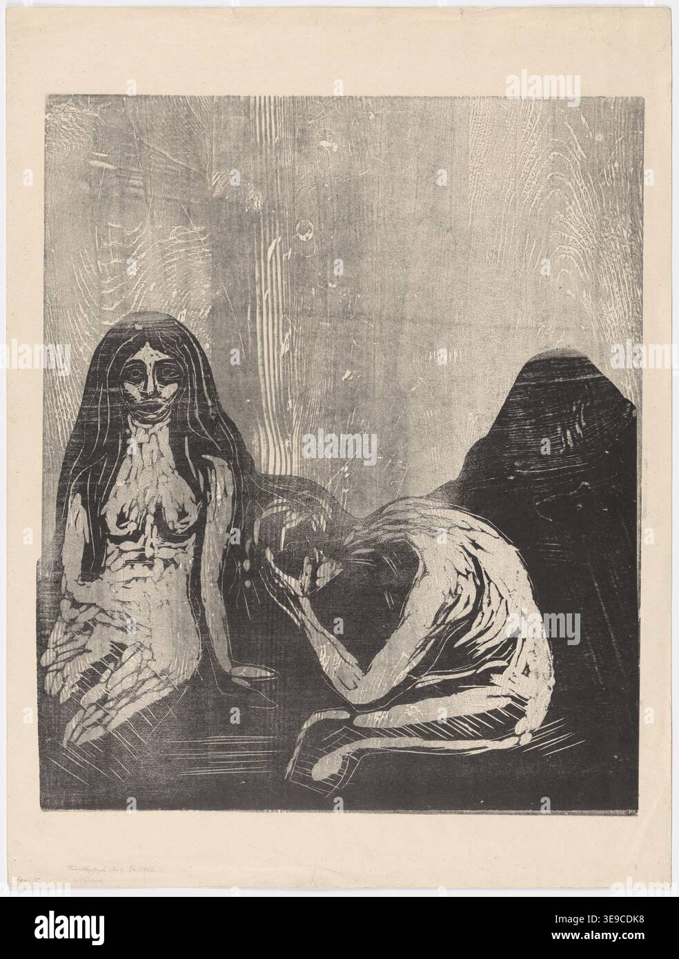 Cette œuvre graphique d’Edvard Munch (1863–1944) met en valeur son exploration de l’anxiété humaine et de l’isolement émotionnel. La pièce, conservée à Munchmuseet, souligne le style expressionniste distinct et la profondeur psychologique de Munch. Banque D'Images