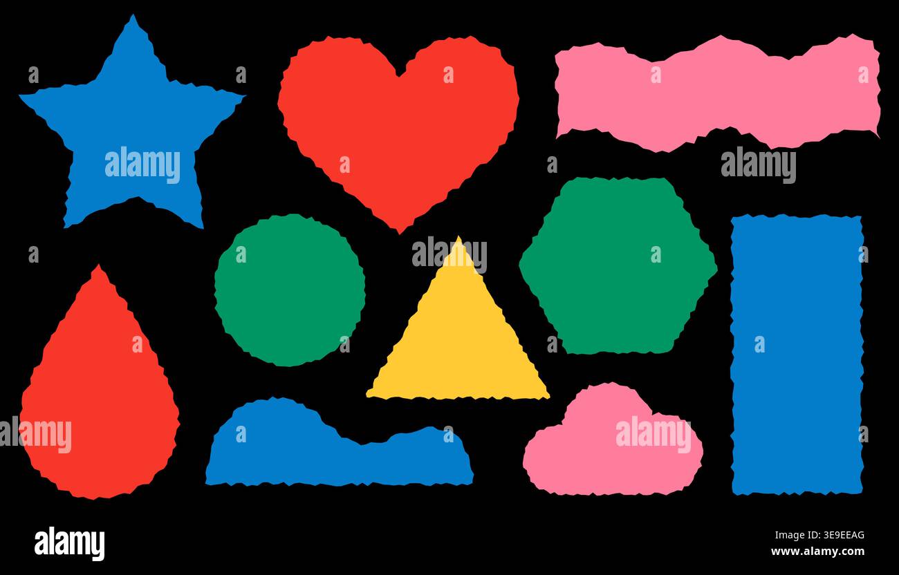 Collection de formes géométriques colorées dentelées avec des bords rugueux isolés sur fond noir. Illustration vectorielle stock dans un style plat. Illustration de Vecteur