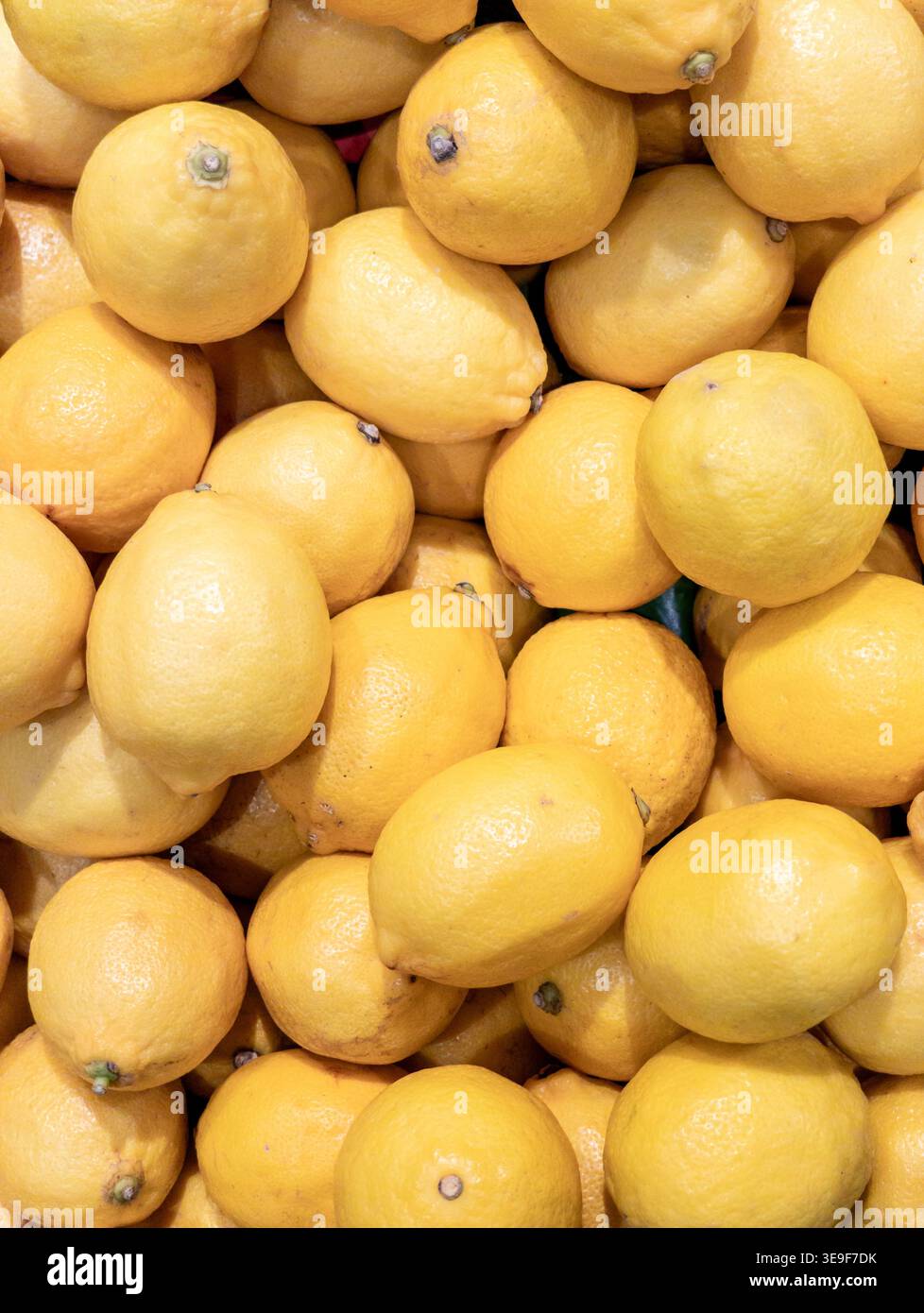 Texture de fond plein cadre de citrons jaunes entiers crus frais empilés ensemble dans une épicerie ou un affichage de marché de fruits. Banque D'Images