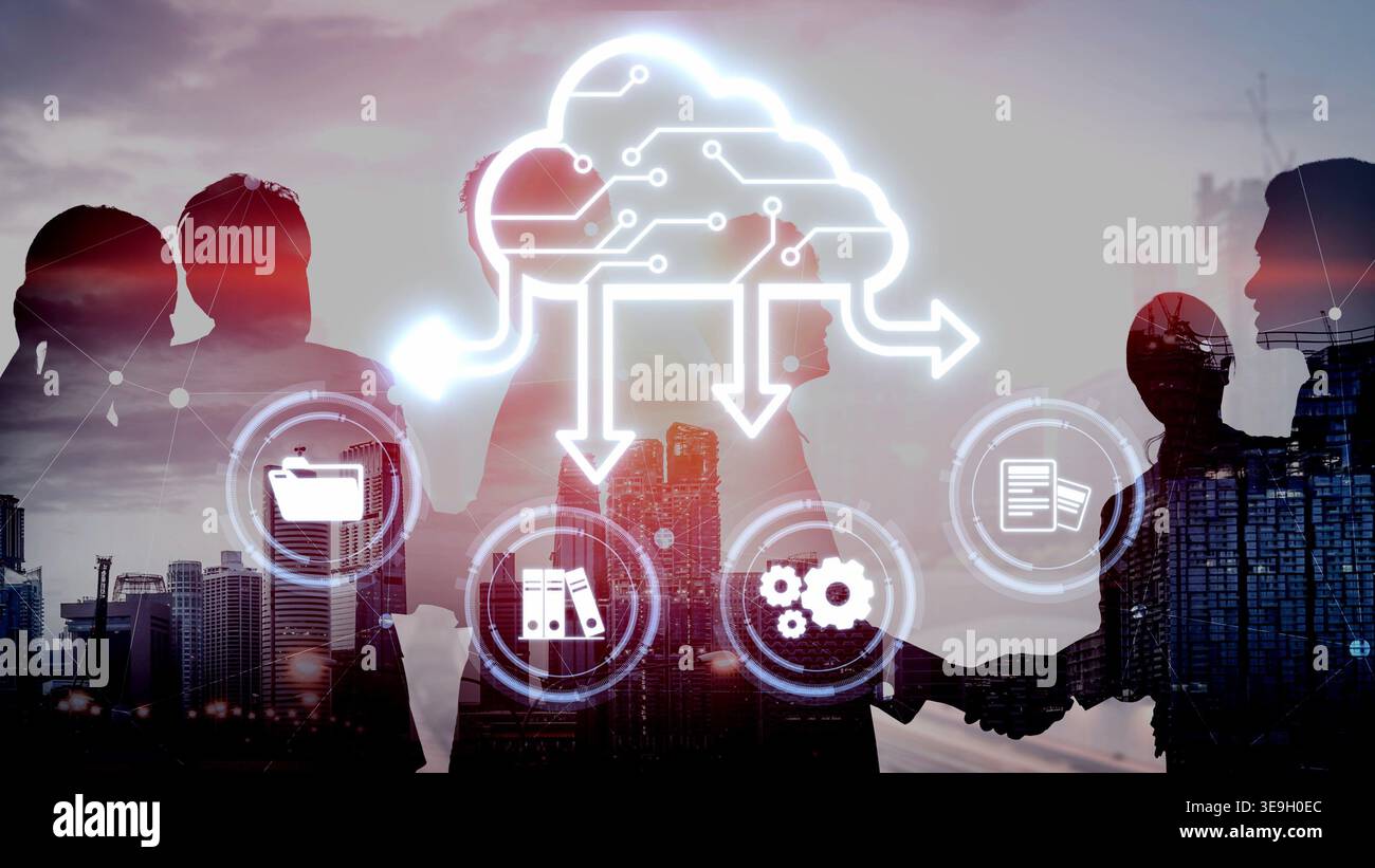 Cloud Computing, stratégie Cloud et technologie Cloud transformant l'infrastructure numérique avec des services évolutifs, un stockage sécurisé des données et des solutions basées sur le Cloud Banque D'Images