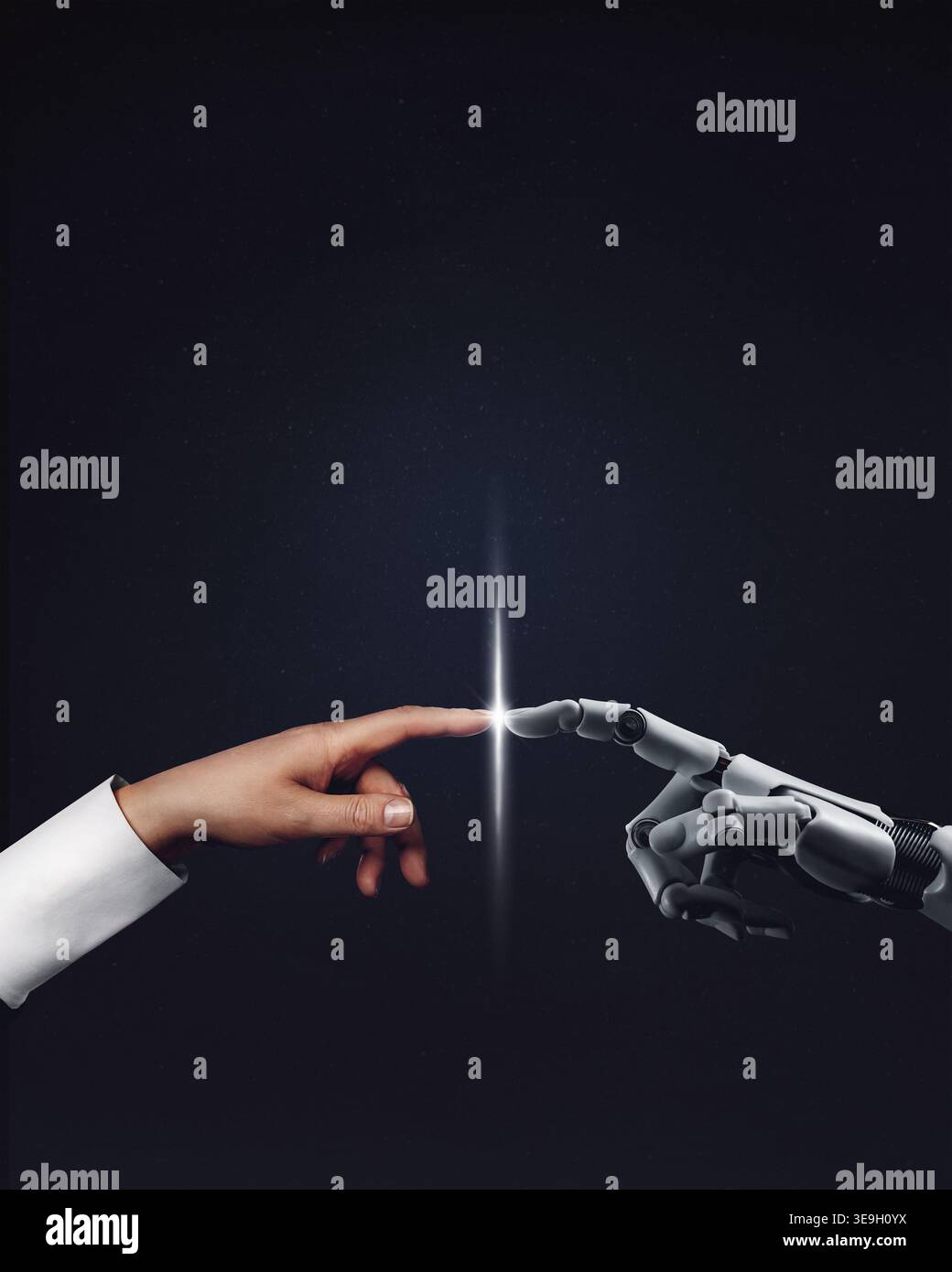 Main robotique cyborg blanche pointant son doigt vers la main humaine avec le doigt tendu sur le ciel nocturne bleu avec des étoiles - cyber la création. Affiche avec copie s Banque D'Images