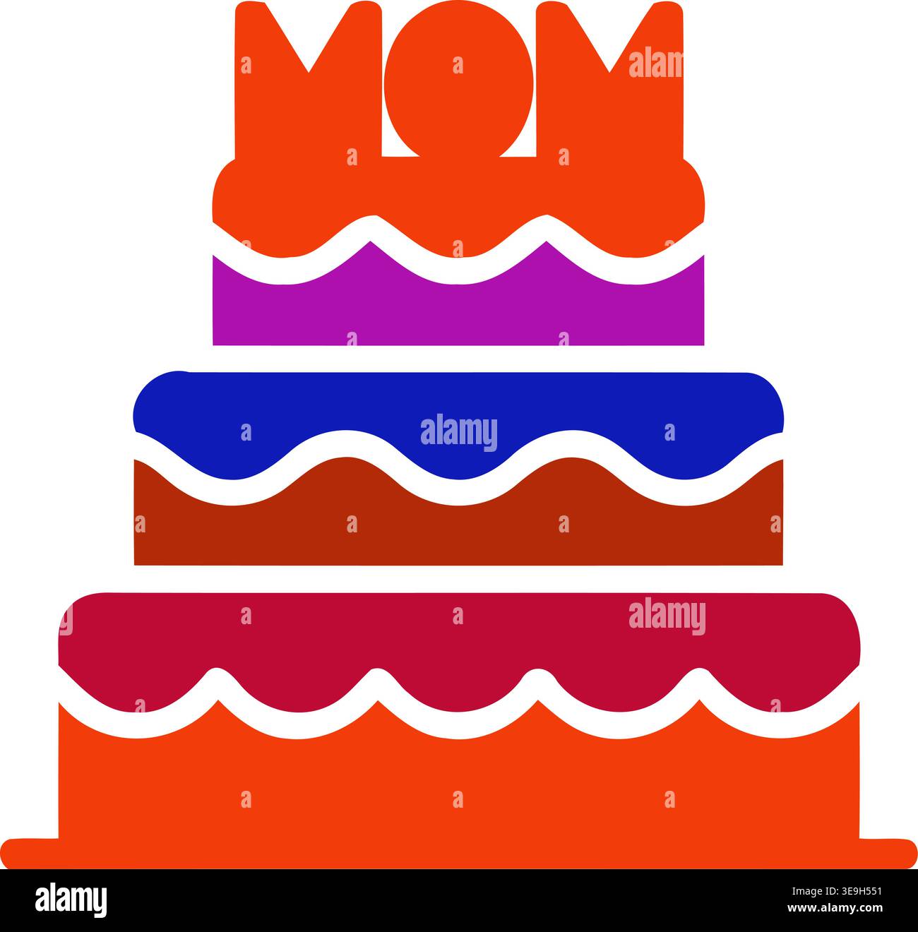 Gâteau à trois niveaux aux couleurs vives avec texte « MAMAN » sur le dessus, symbolisant la fête des mères, les anniversaires et l'appréciation maternelle. Icône vectorielle plate simple. Illustration de Vecteur