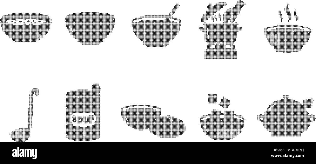 Ensemble icône de cuisine point de croix avec bols, cuillère à soupe et éléments de cuisson représentant la préparation des aliments et la conception artisanale à la main Illustration de Vecteur