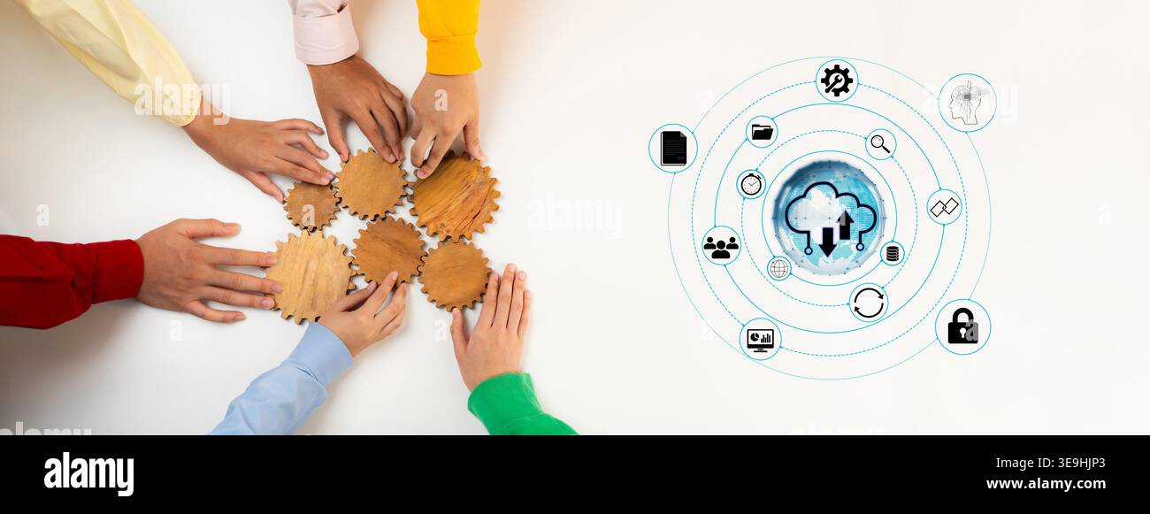 Collaboration de mains diverses travailler ensemble sur les engrenages et les concepts numériques pour l'innovation et les solutions technologiques Quark. Banque D'Images