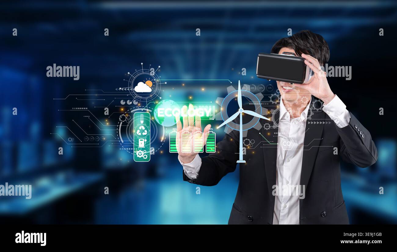 Un professionnel des affaires s'engage avec la réalité virtuelle, présentant des solutions innovantes pour la durabilité, l'énergie propre et la conscience écologique dans un Banque D'Images