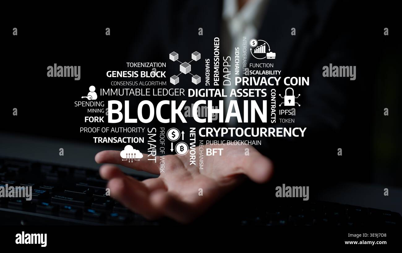 Une représentation visuelle de la technologie blockchain avec des mots-clés liés à la crypto-monnaie, aux actifs numériques et aux réseaux décentralisés, soulignant Banque D'Images