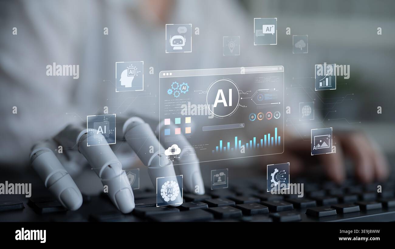 Un assistant IA avancé démontre sa propre plate-forme générative. L'interface montre comment cette technologie intelligente peut créer diverses formes de numérique Banque D'Images