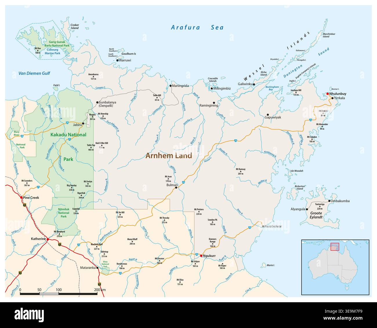 Carte détaillée de la Terre d'Arnhem, territoire du Nord, Australie Banque D'Images