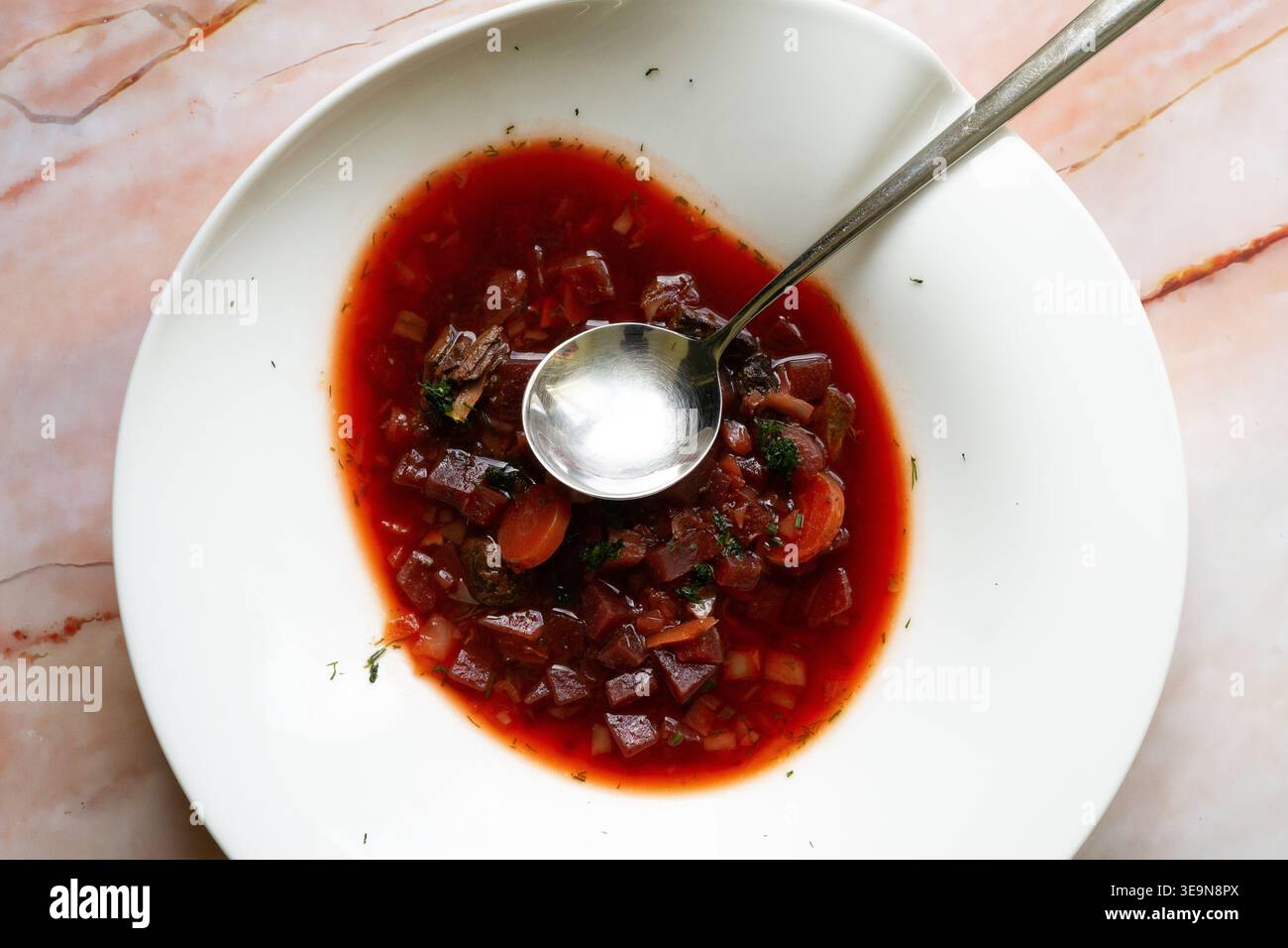Soupe de betterave rouge foncé et cuillère sur une assiette blanche. La soupe est un plat traditionnel en Pologne, en Ukraine et en Russie et est appelée Borschtsch bzw. Barszcz. Banque D'Images