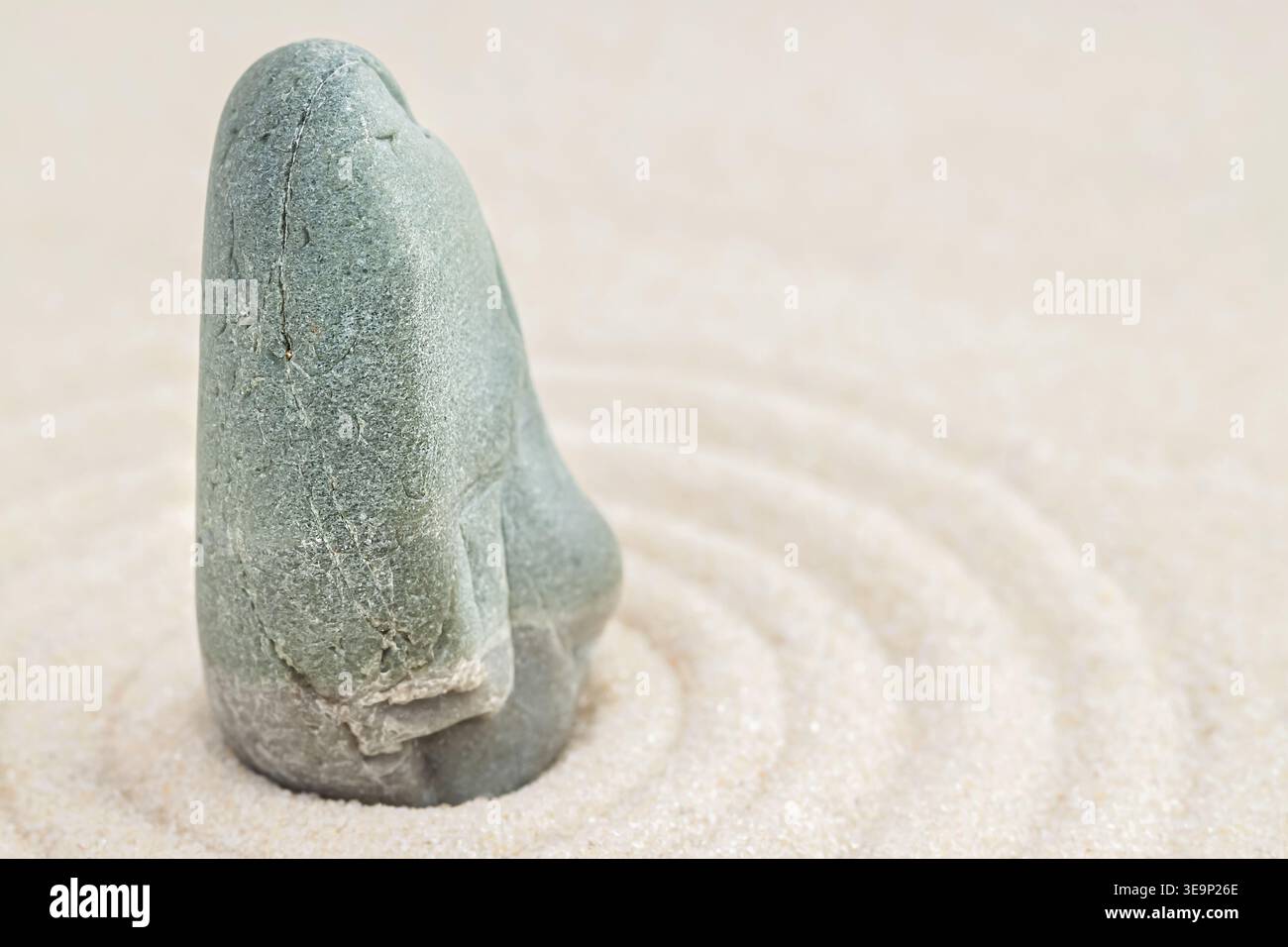 Jardin de méditation japonais avec cercles et pierre bleue verte sur le côté gauche macro Banque D'Images
